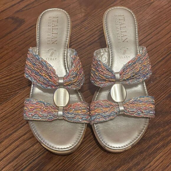 Italian Shoemakers Cork Wedge Slip On Sandals Rainbow Metallic Knit Size 9.5 EUC - Picture 2 of 9